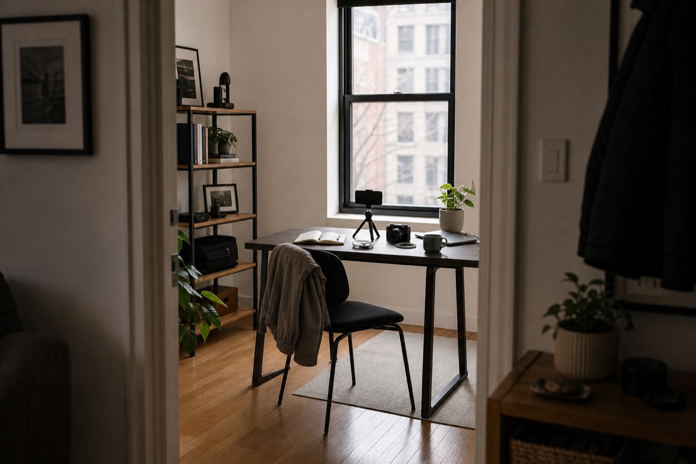 Concept image of a small workspace viewed from a doorway with a distant phone tripod, camera, notebook, and coffee prepared for a one-off social reel shoot