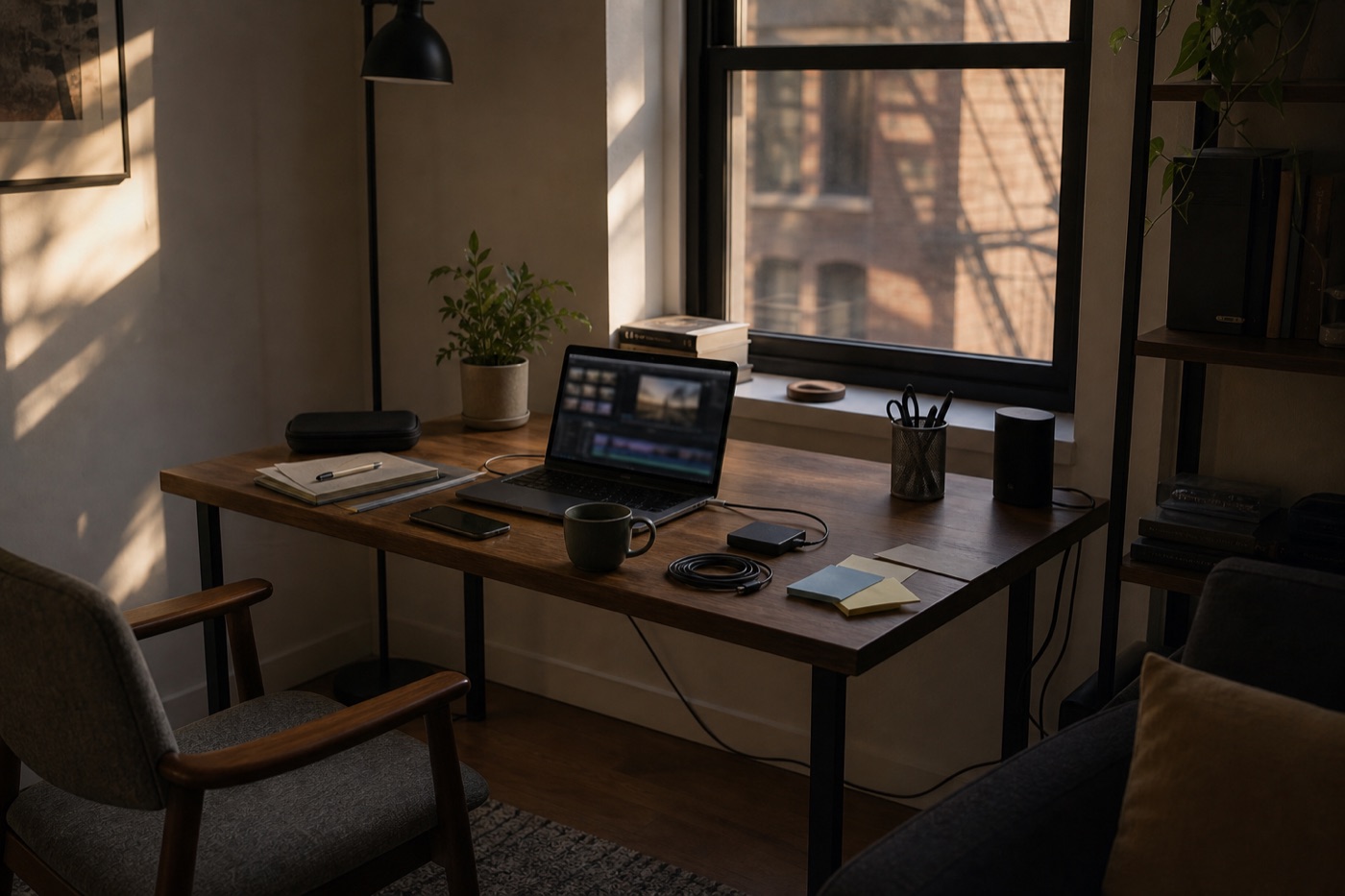 Concept image of a late-afternoon workspace viewed from a distance with a small laptop, phone, external drive, cable, and sticky notes after a short video edit