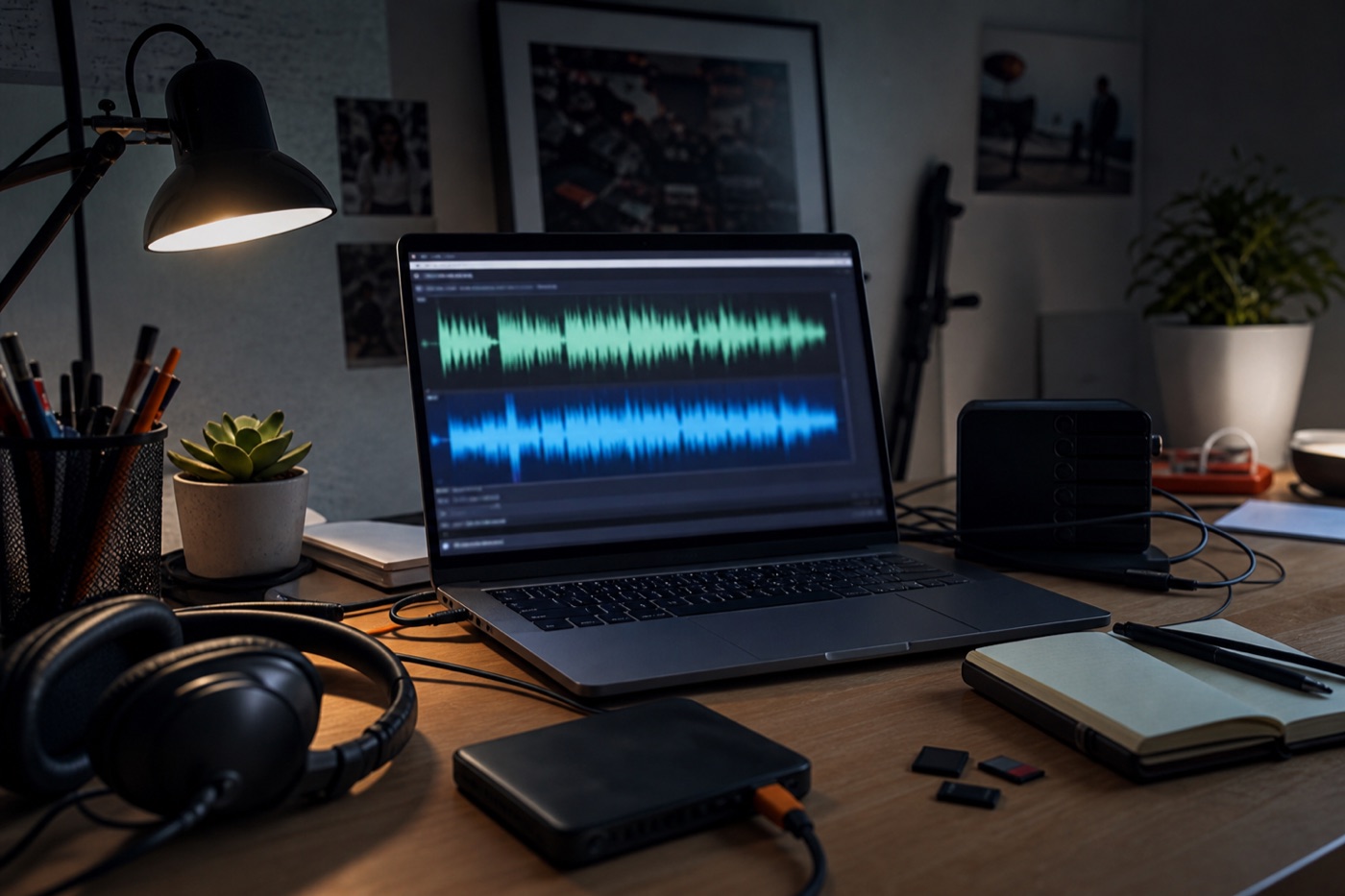 Editing desk with laptop showing a blurred audio waveform, headphones, hard drive, notebook, cables, and memory cards during event video post-production