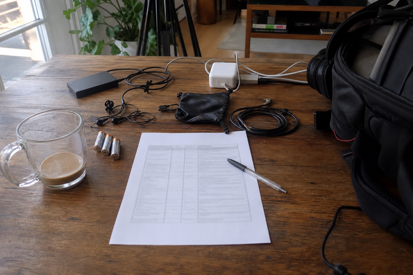 Pre-event planning table with audio cables, microphone pouch, batteries, camera bag, coffee, and a blurred run of show for creative event video coverage
