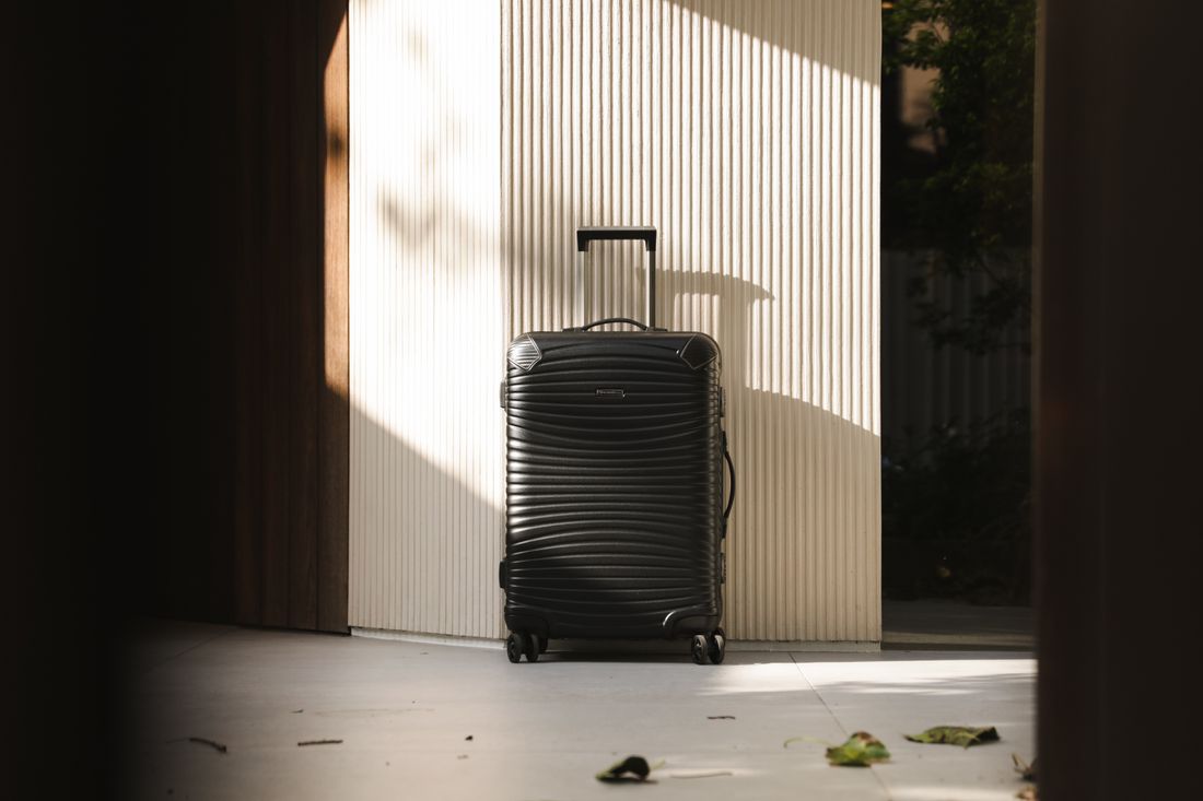 A black wheeled hard-shell case standing in a quiet entryway beside a closed door, soft natural light