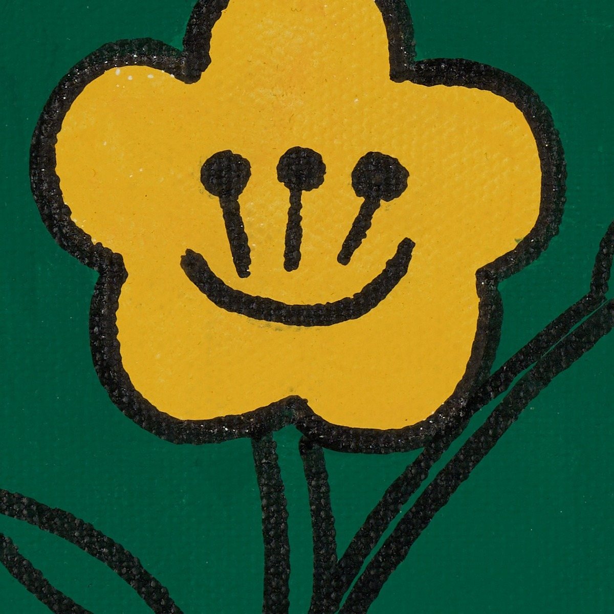 Full-size detail of the yellow flower, showing the canvas weave under the paint and the black outline