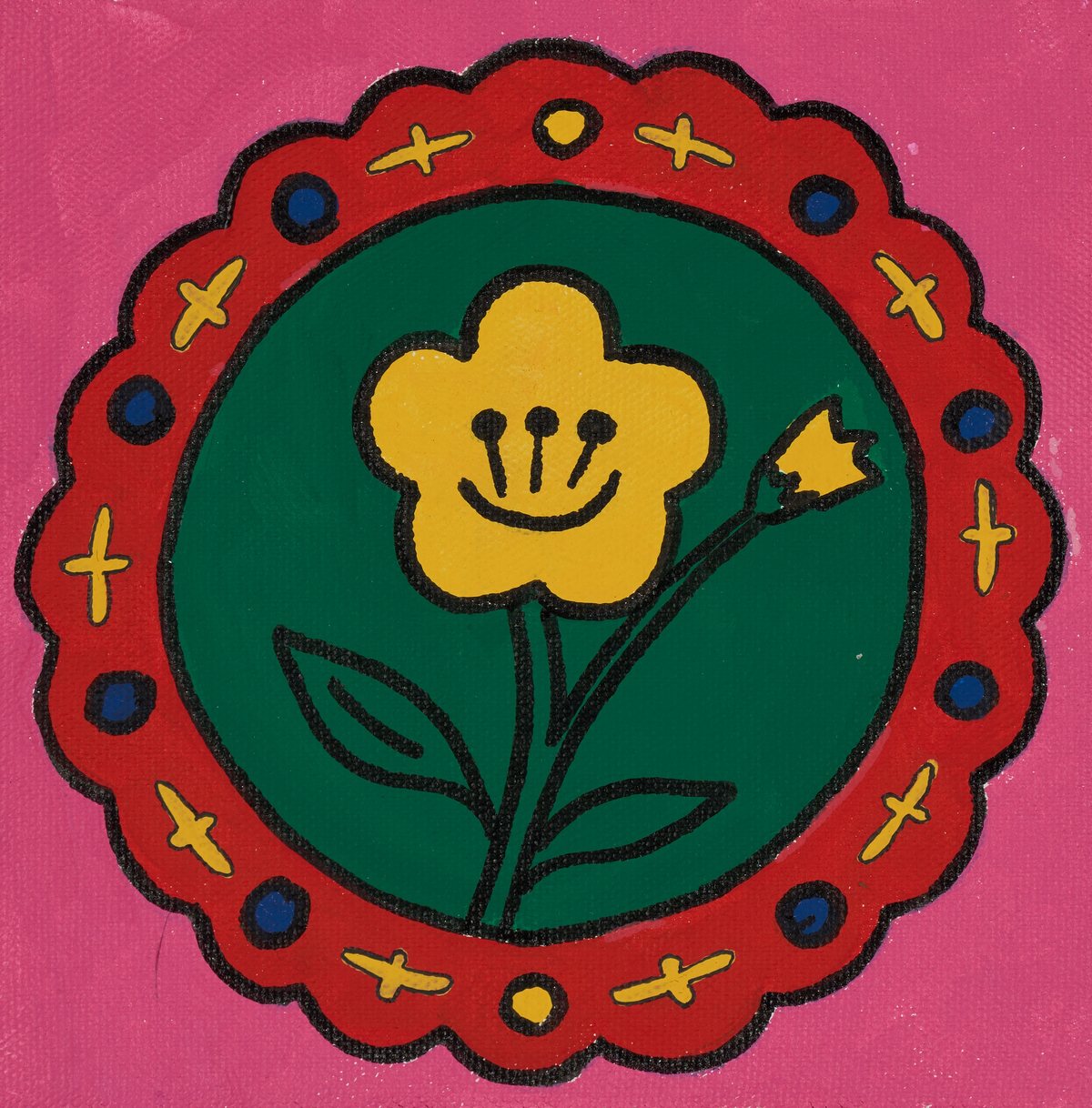 Small folk painting of a smiling yellow flower inside a red scalloped ring on a pink ground, by Vlad Levine