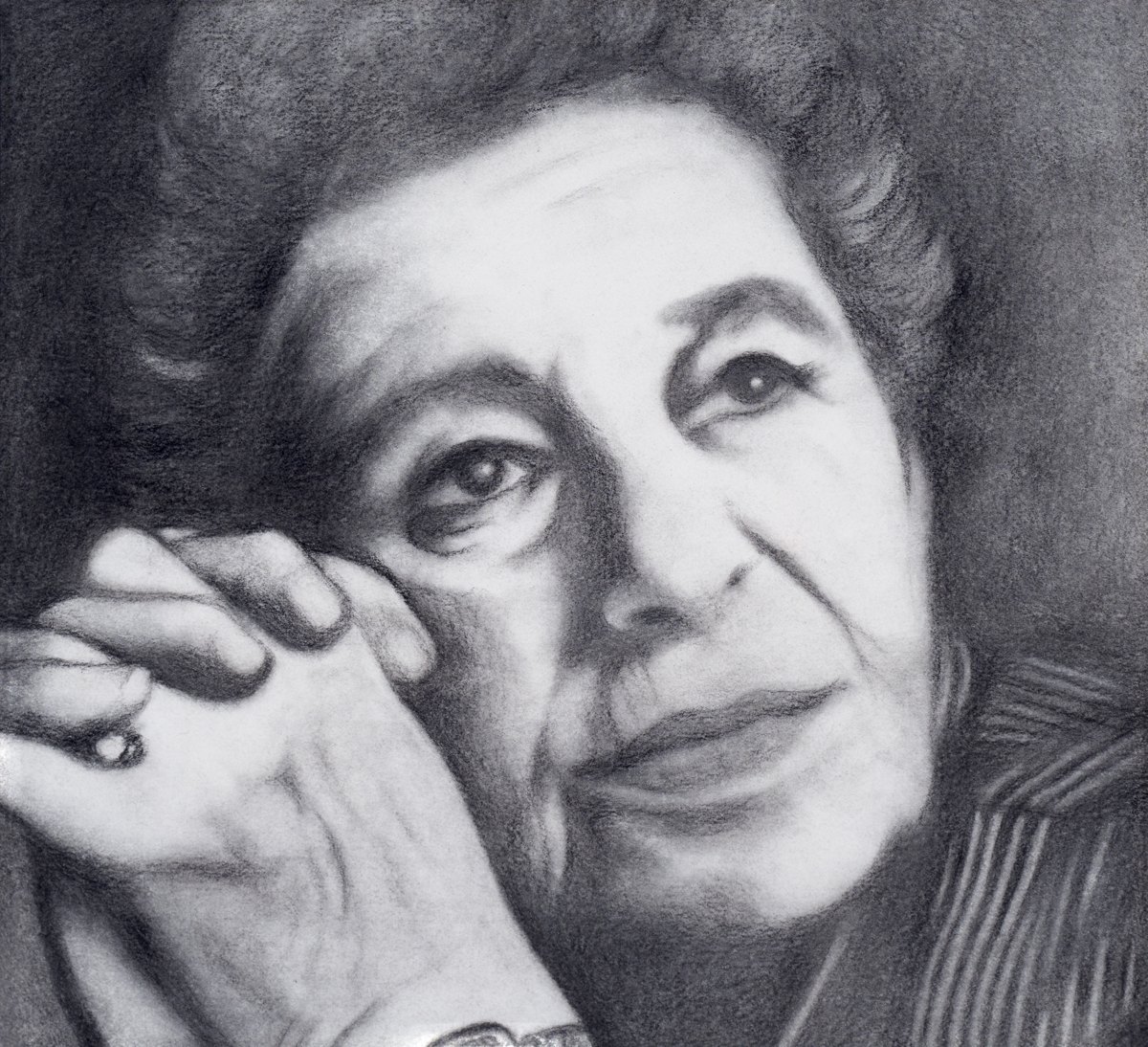 Charcoal portrait of an older woman resting her face on her hand, full drawing, by Robert Taubart